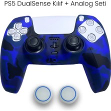 Cosmostech Ps5 Dualsense Uyumlu Mavi Kamuflaj Silikon Kılıf + 2 Adet Analog Başlık Seti