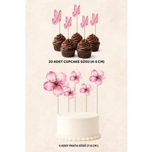 Kelebek Temalı 5 Adet Pasta 20 Adet Cupcake Mini Set Doğum Günü Pasta Süsü