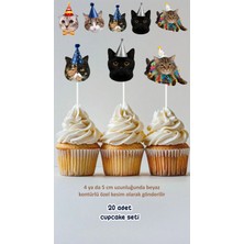 Kedi Temalı Konsept Kürdanlı Cupcake Süsü Doğum Günü Süsü *20'li Kalın Kağıt
