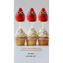 Çilek Temalı Konsept Kürdanlı Cupcake Süsü Doğum Günü Süsü *20'li Kalın Kağıt