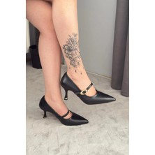 Preshley Kadın Sarah Siyah Cilt 7cm  Ince Topuk Önden Tokalı Ayakkabı Stiletto