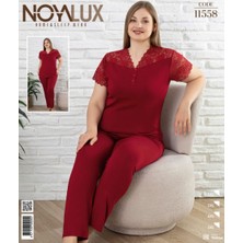 Noyalux Kadın Büyük Beden Bordo Kırmızı Önden Düğmeli Dantelli Pijamatakımı