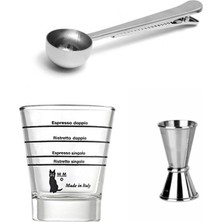 Vestron Kokteyl 3 Lü Set| Silver Çok Fonksiyonlu Paslanmaz Çelik Kaşık| 15/30 ml Çelik Jigger| Cam Ölçü Bardağı