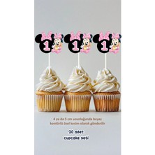Minnie Mouse 1 Yaş Temalı Konsept Kürdanlı Cupcake Süsü Doğum Günü Süsü *20'li Kalın Kağıt