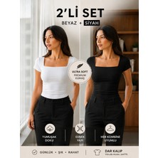 Hayalet 2'li Set Kadın Kare Yaka Basic T-Shirt – Fitted / Dar Kalıp Premium Bluz (Göğüs Astarlı)