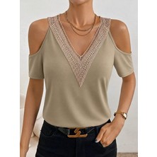 Gökyüzü Moda Kadın Omuzlardan Açık V Yakalı Viskon Bluz