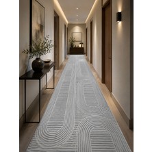 Ruha Home Modern Çizgili Gri Beyaz Bambu Jel Koridor Halısı 100X400 cm Kaymaz Taban Yıkanabilir Lüks Dekoratif Halı
