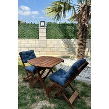 Reyo Premium 3'lü Ahşap Balkon Bahçe Seti – Minderli Katlanır Bistro Masa Sandalye Ceviz/lacivert