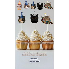 Sinek Kupası Tasarım Kedi Temalı Konsept Kürdanlı Cupcake Süsü Doğum Günü Süsü *20'li Kalın Kağıt