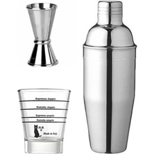 Vestron Kokteyl 3 Lü Set| Paslanmaz Çelik 350 ml Shaker| 15/30 ml Çelik Jigger| Cam Ölçü Bardağı