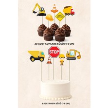 Sinek Kupası Tasarım Inşaat Arabları Konsept 5 Adet Pasta 20 Adet Cupcake Mini Set Doğum Günü Pasta Süsü