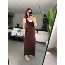 Qimya Butik Kadın Iki Parçalı Içi Mini Boy Atlet Üstü Ince Askılı Derin Yırtmaçlı Elbise