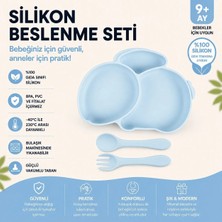 Jojobebek Silikon Beslenme Seti / Tavşan Figürlü Vakumlu Mama Tabağı, Çatal ve Kaşık / Buz Mavisi