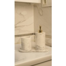 Bee Candle Home Mermer Desenli 3’lü Oval Tepsili Banyo Seti