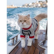 Kemique Yacht Club Marin Çizgili Kedi Tişörtü | Lacivert Kırmızı Yazlık Kedi Kıyafeti
