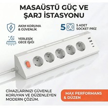 GUNKES Fulltech Ftr-26 5li Akım Korumalı Priz 2 Usb-A, 2 Usb-C, 3 Kademeli Gece Lambası, 2 Metre Kablo