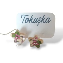 Tokuşka Ahşap Yıldız Şekilli Yeşil Çiçek Desen Baskılı Düğme Sallantılı Küpe