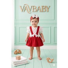 Vavbaby  Kız Bebek Kalp Desenli Bandanalı Kısa Kollu Askılı Jile Elbise ve Çıt Çıt Body Takımı - Kırmızı-Beyaz