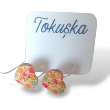 Tokuşka Ahşap Yıldız Şekilli Soft Renk Çiçek Baskılı Düğme Sallantılı Küpe
