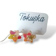 Tokuşka Ahşap Yıldız Şekilli Soft Renk Desen Baskılı Düğme Sallantılı Küpe