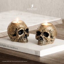 Kara Teke Collections 2'li Modern Dekoratif Gotik Kafatası Beton Tealight Mumluk – Bronz