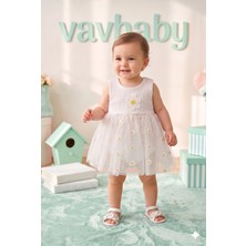 Vavbaby Kız Bebek Papatya Kabartma Desenli Çıtçıtlı Badi Zıbın Tütü Elbise-Beyaz