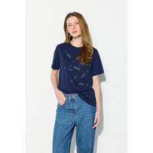 Gusto Balık Temalı Boncuk Işlemeli Pamuk T-Shirt - Lacivert
