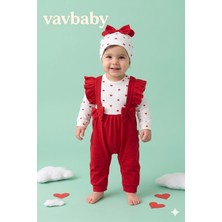 Vavbaby Kız Bebek Kalp Desenli Fiyonklu Fırfırlı Bebek Salopet Tulum ve Bere