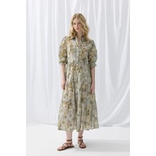 Gusto Iz Koleksiyon Eco Print Rahat Kesim Uzun Elbise - Yeşil
