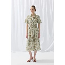 Gusto Iz Koleksiyonu Eco Print Keten Midi Gömlek Elbise - Yeşil