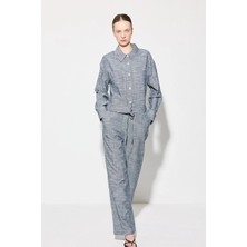 Gusto Beli Ip Kemerli Bol Paça Keten Pantolon - Lacivert