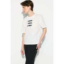 Gusto Denim Aplikeli Rahat Kesim Pamuk T-Shirt - Beyaz