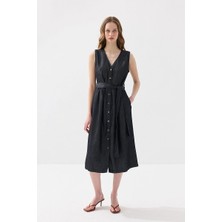 Gusto Düğmeli Tensel Denim Elbise - Lacivert
