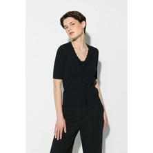 Gusto Dantel Şeritli Rayon Triko Hırka - Siyah