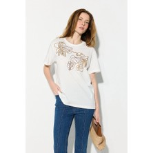 Gusto Çiçek Nakışlı Pamuk T-Shirt - Beyaz