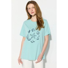 Gusto Deniz Temalı Boncuk Işlemeli Pamuk T-Shirt - Turkuaz