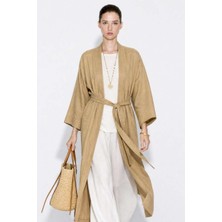 Mizalle Keten Dokulu Kuşak Detaylı Uzun Bej Kimono