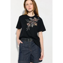 Gusto Nakışlı Pamuk T-Shirt - Siyah