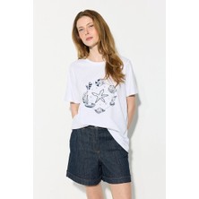 Gusto Deniz Temalı Boncuk Işlemeli Pamuk T-Shirt - Beyaz