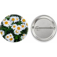Beyaz Papatyalar Metal Buton Rozet ( 44MM) 1 Adet