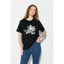Gusto Boncuk Işlemeli Nakışlı Pamuk T-Shirt - Siyah