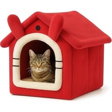 Cekar Store Kedi Evi Yumuşak Kedi Yatağı | Peluş Derin Uyku Evi, Çıkarılabilir Minderli, Isı Yalıtımlı Kışlık Ev | Katlanır Kedi Evi (Kırmızı)