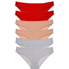 6 Adet Eko Set Likralı Kadın Slip Külot Kırmızı Ten Gri Mery Woman