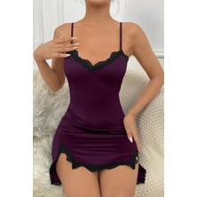 Kadın Mor Göğsü ve Bacakları Dantelli Yırtmaçlı Şık Gecelik Mery Woman