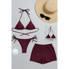 Kadın 3'lü Set Bordo Şortlu ve Yandan Bağlamalı Bikini Mayo Takımı Mery Woman
