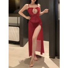 Best Dream Kırmızı Derin Yırtmaç Detaylı Tangalı Gecelik