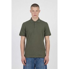 Sabri Özel Erkek Haki Dar Kesim Slim Fit %100 Pamuk Kısa Kollu Düğmeli Polo Yaka Tişört