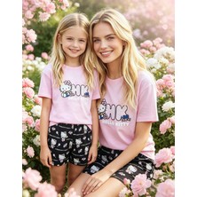 NiCe İç Giyim Anne & Kız Kombin Hello Kitty Lisanslı Pembe & Siyah Bisiklet Yaka T-Shirt & Şort % 100 Pamuk Çocuk Pijama Takım ( Ayrı Satılır)