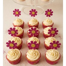 Hediyebigi Papatya Fuşya Renk Simli Cupcake Kürdanı Doğum Günü Parti ve Pasta Süsü 10LU 5 cm