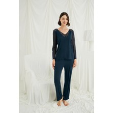Sırt Dekolteli Uzun Kollu Tüllü ve Dantelli Pijama Takımı Mery Woman